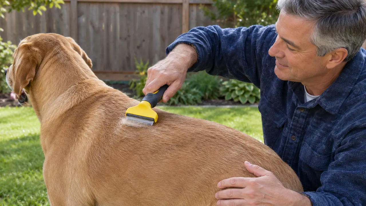 A person running a deshedding tool along the back of a large dog outdoors