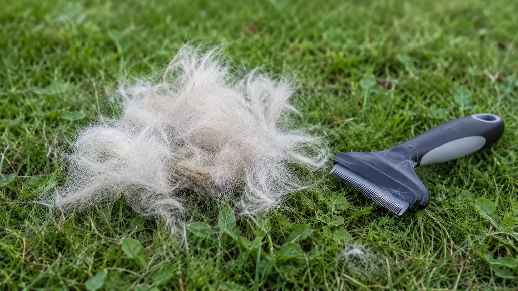 A small pile of loose undercoat fur collected on grass after brushing a large dog