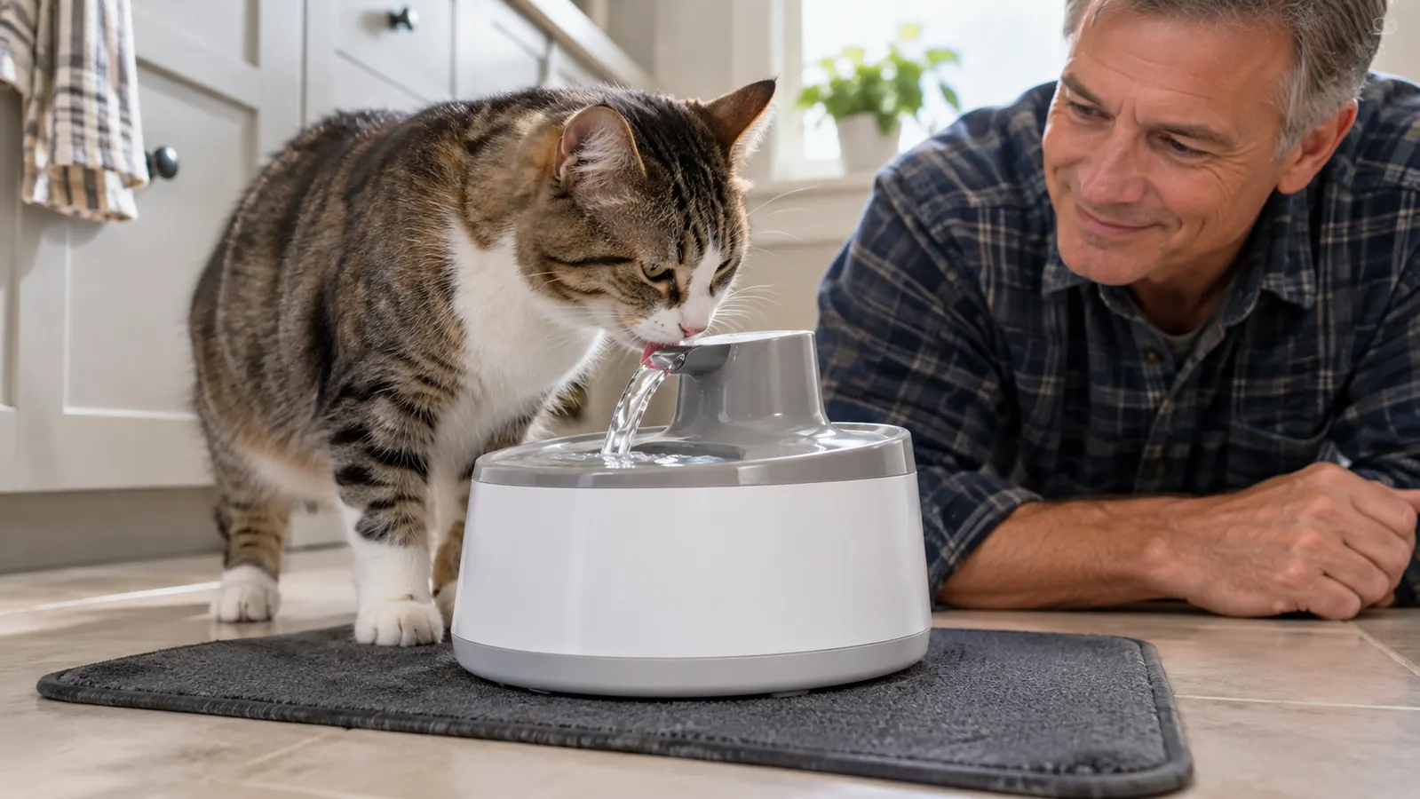 Close view of a cat drinking from the Veken water fountain on the kitchen floor