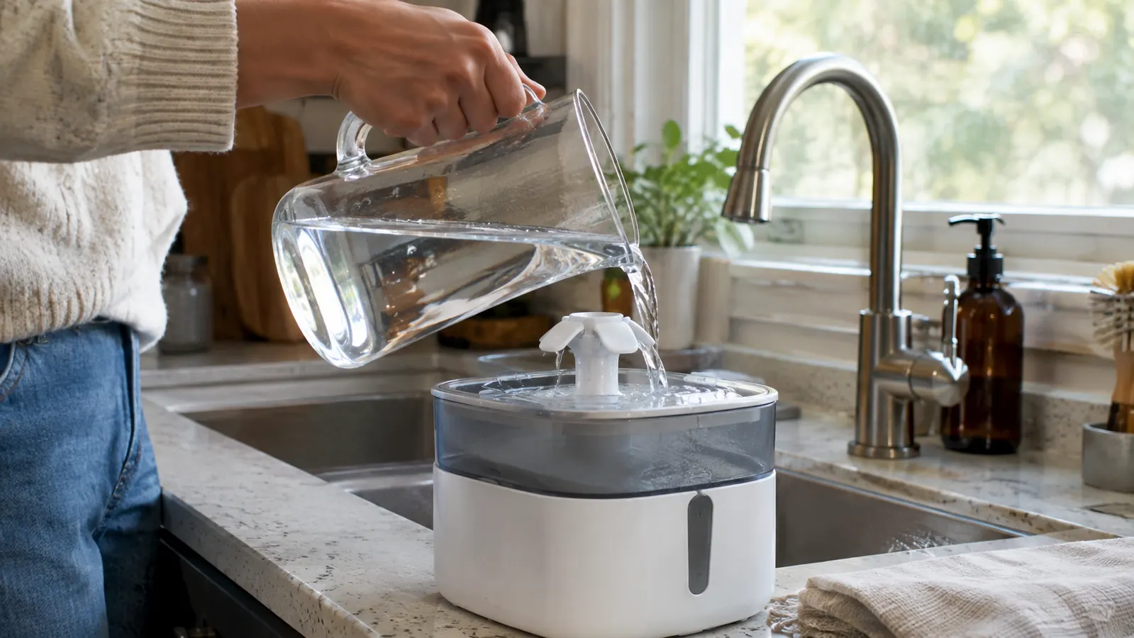 A hand filling the top tank of a pet water fountain at a kitchen sink