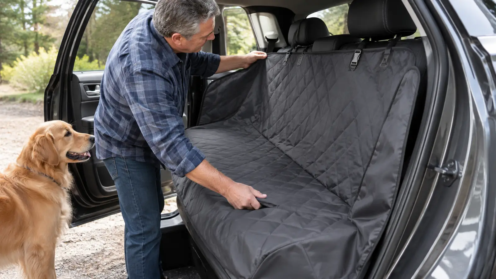 A hand spreading a waterproof seat cover across the back seat of a car before a dog hops in