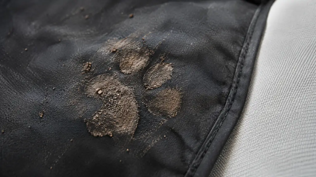 A muddy dog paw print on a waterproof seat cover, with a dry clean seat visible underneath