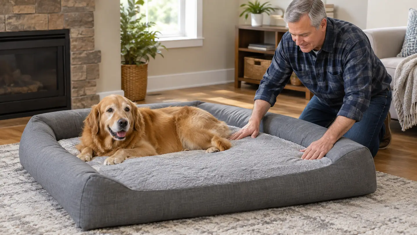 A dog lying on an orthopedic dog bed while a person adjusts the cover