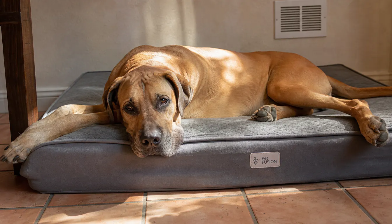 A dog stretched out on an orthopedic dog bed in a living room