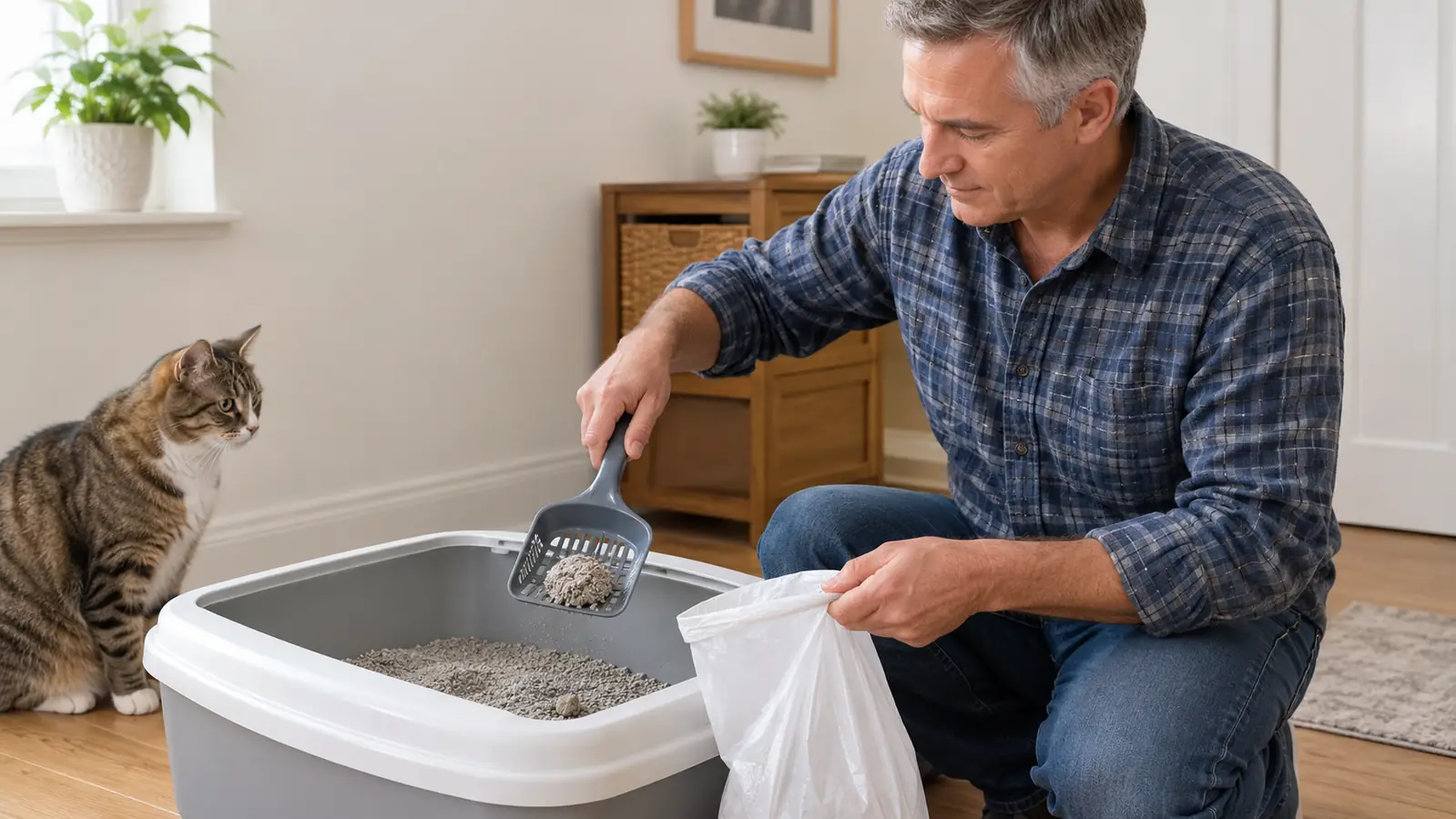 A hand scooping clumped litter from a litter box into a waste bag