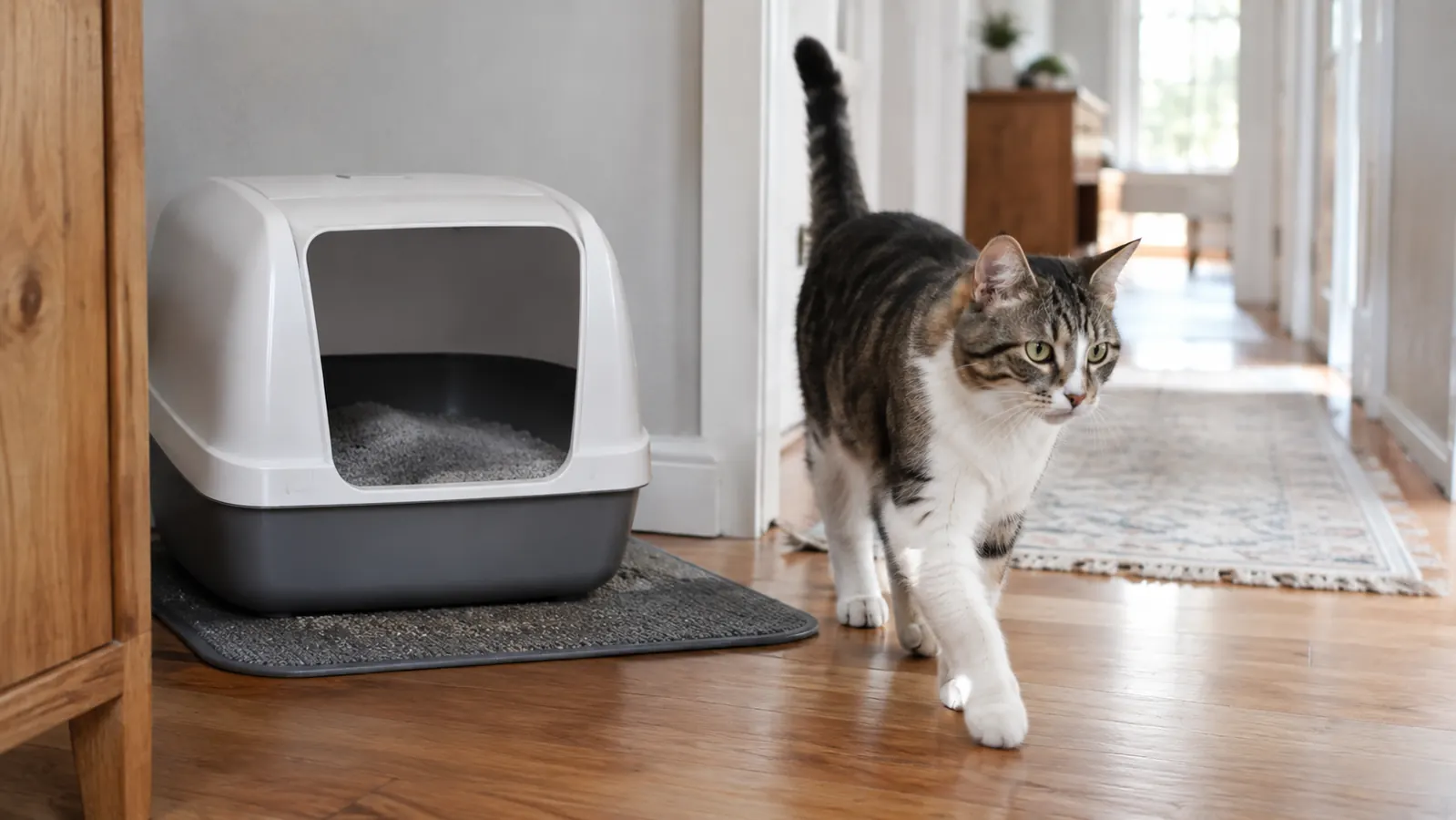 A cat walking away from a freshly cleaned litter box in a hallway