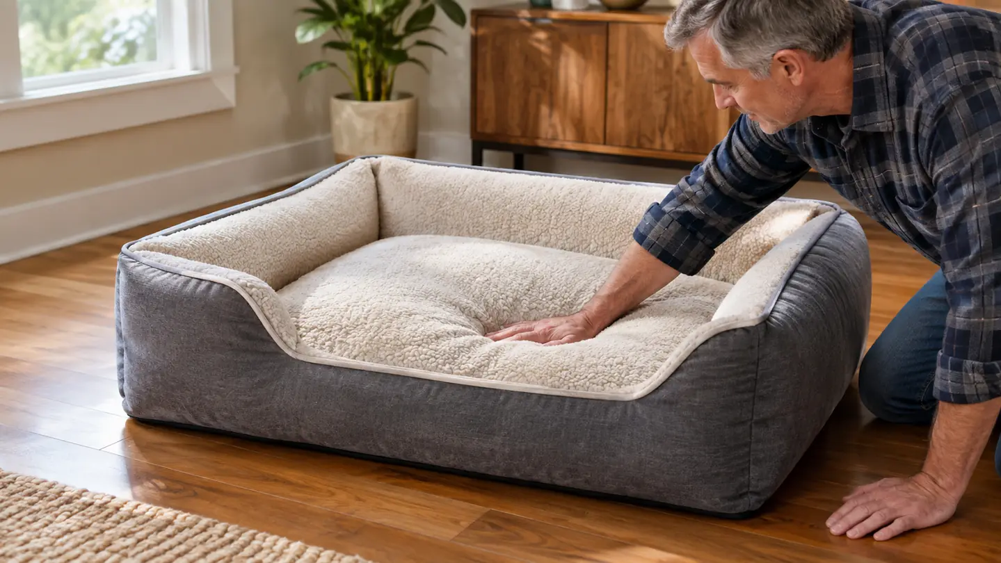 A person's hand patting the thick foam surface of an orthopedic dog bed on the floor