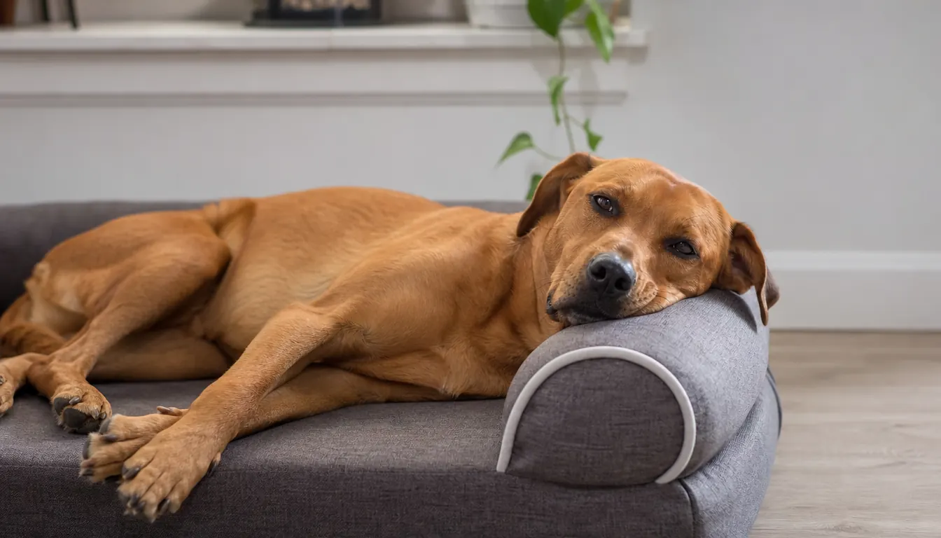 A dog lying on its side on an orthopedic dog bed, head resting on the raised edge