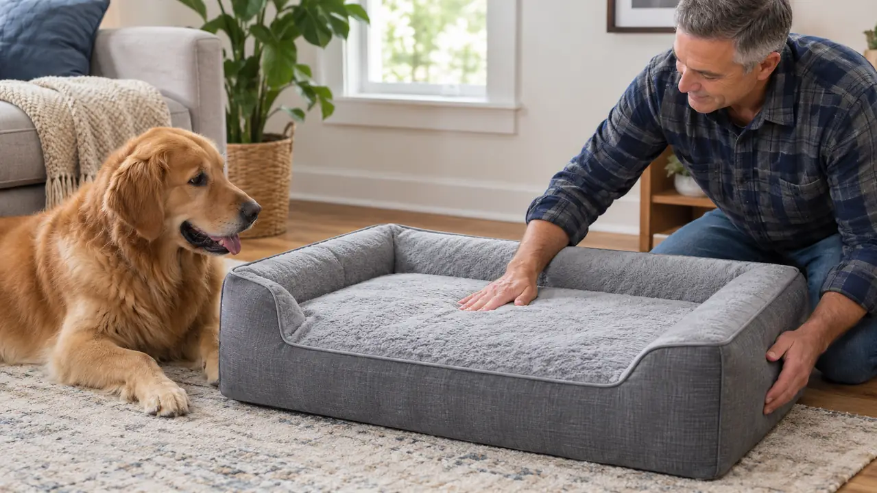 A person's hand smoothing the cover of an orthopedic dog bed while the dog watches
