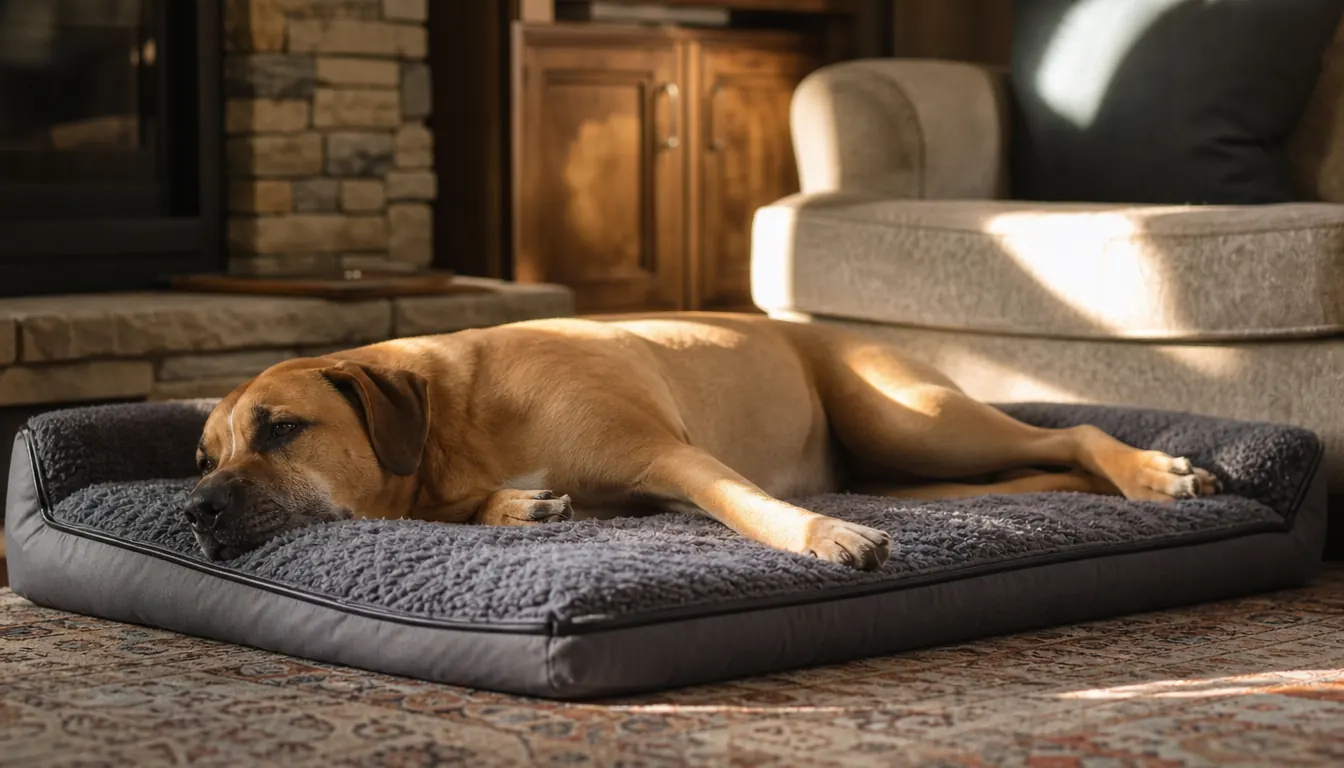 A large dog stretched out on an orthopedic dog bed in a living room
