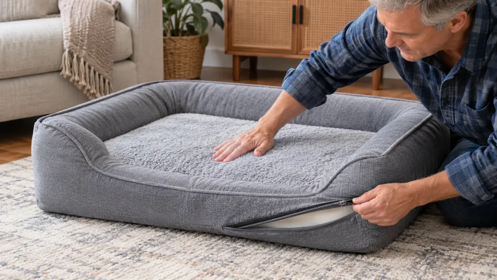 A hand smoothing the cover of an orthopedic dog bed with a removable washable cover
