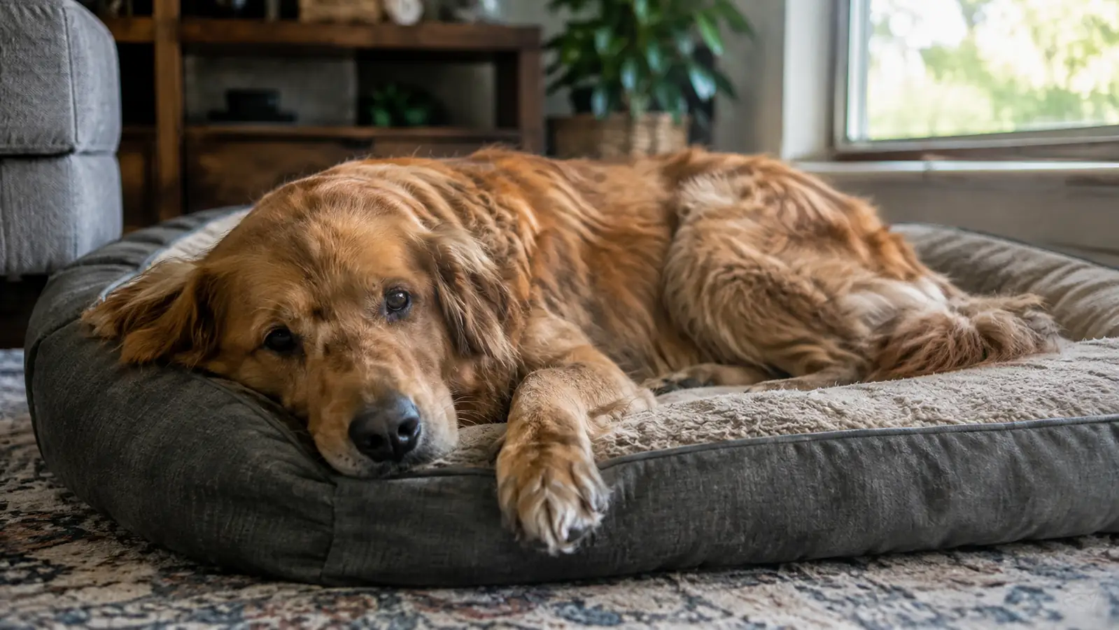 A large dog stretched out on an orthopedic dog bed in a living room, looking comfortable
