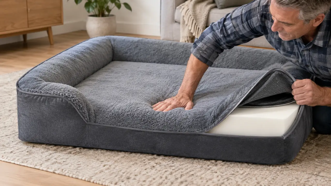 A hand smoothing the surface of an orthopedic dog bed with a removable cover