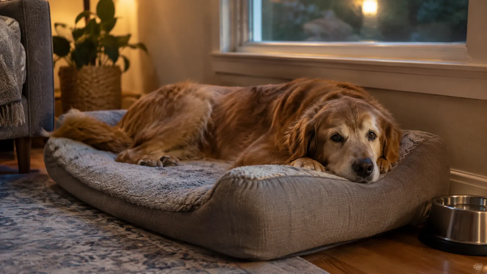 A large dog resting on an orthopedic dog bed in a corner of a living room