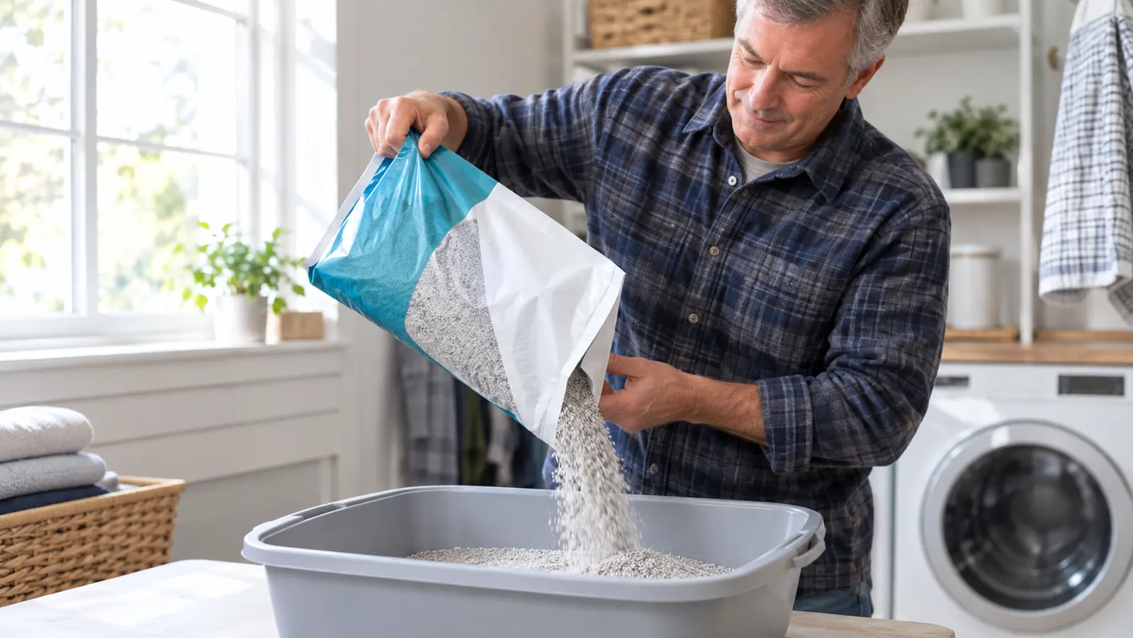 Hands pouring fresh cat litter from an open bag into a clean plastic litter box.
