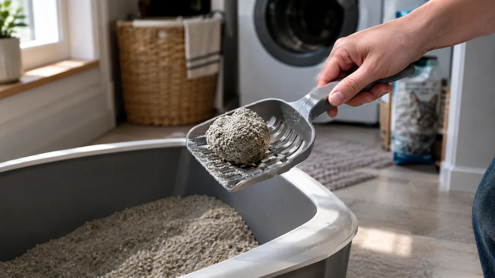 A cat litter scoop holding a firm clump of litter above the box.