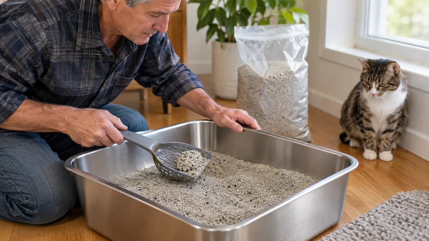 A hand scooping clumped litter from a stainless steel litter box