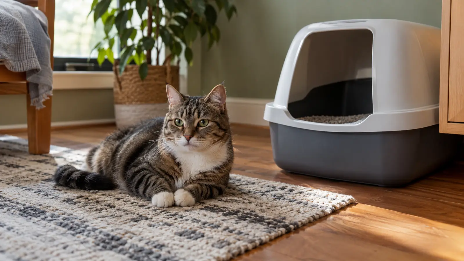 A cat sitting on a rug next to a litter box, looking relaxed