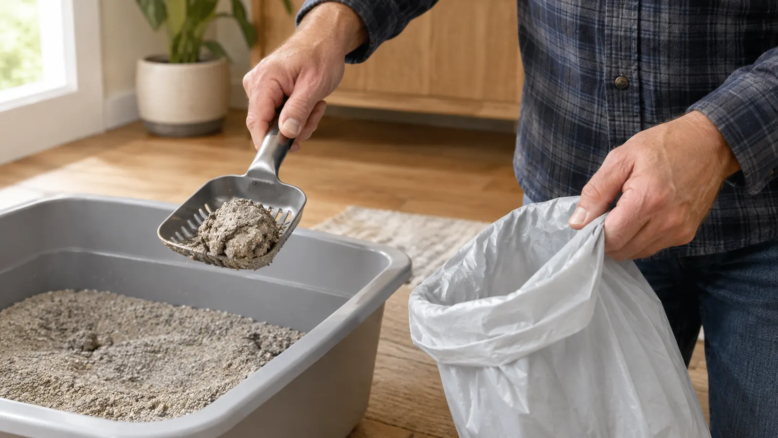 A hand scooping clumped litter from a box into a small trash bag