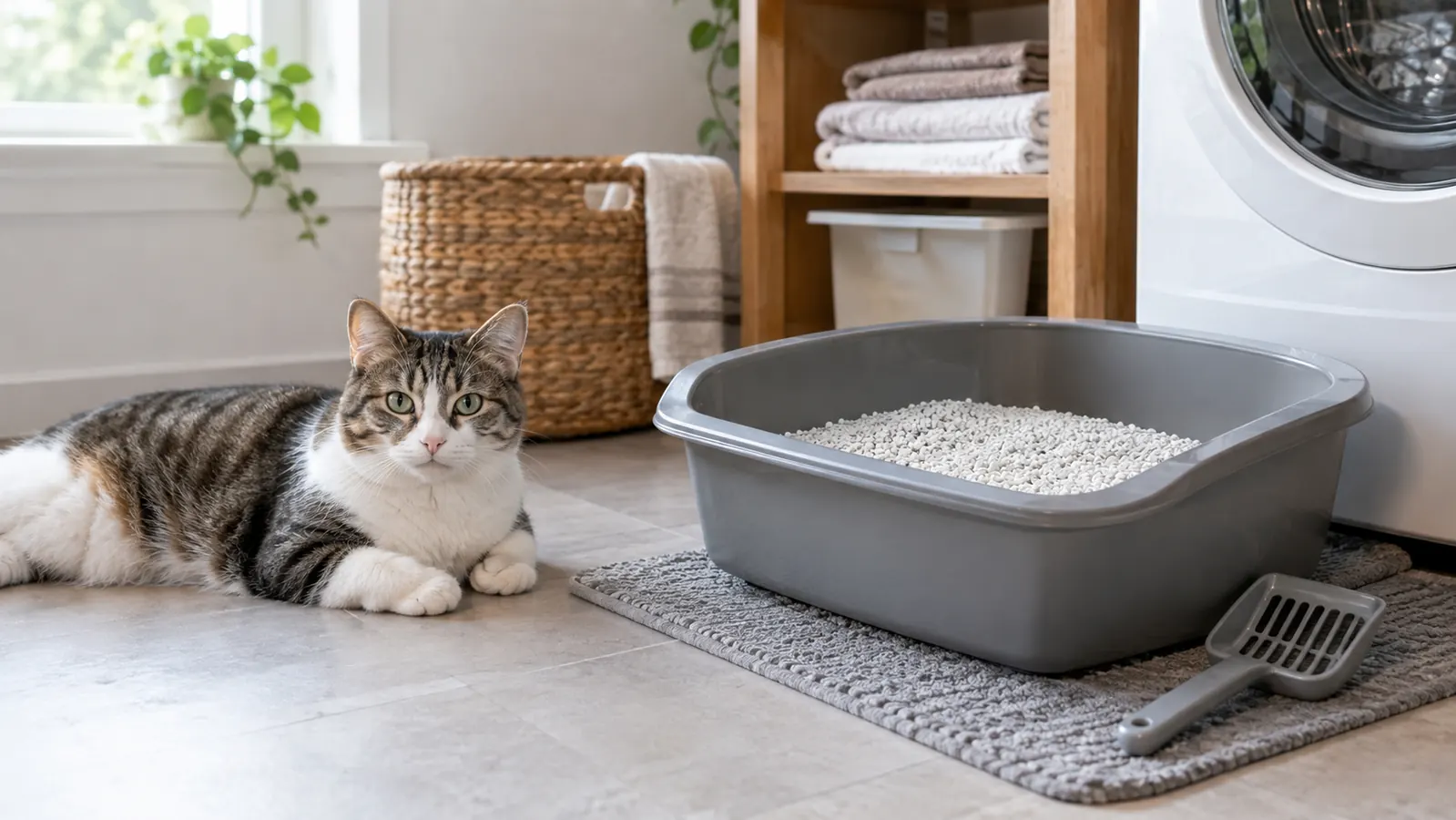 A clean covered litter box in a tidy laundry room corner with a shorthair cat resting on the floor nearby
