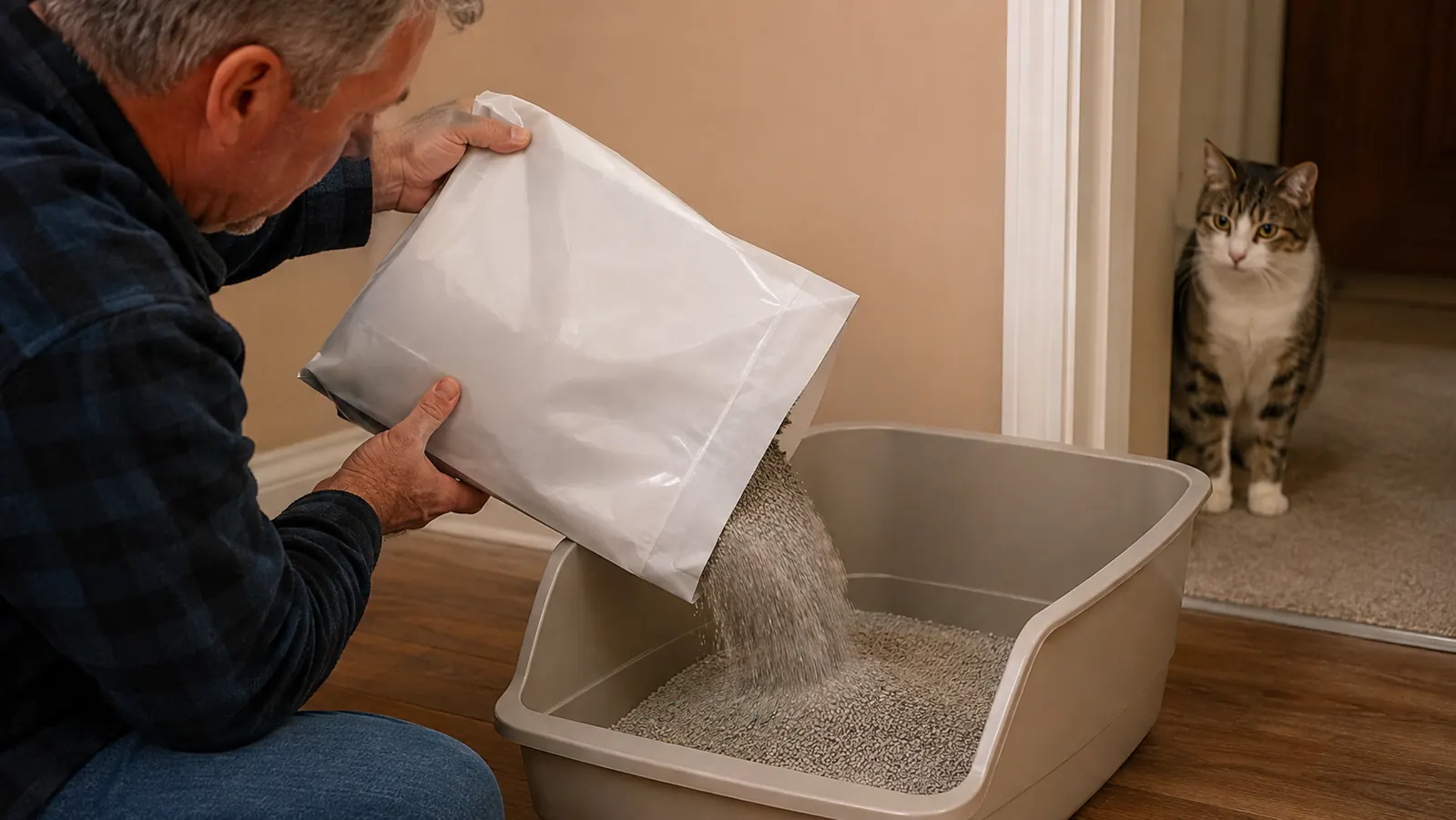 A hand pours unscented clumping litter from a bag into a clean plastic litter box while a cat watches from a doorway.