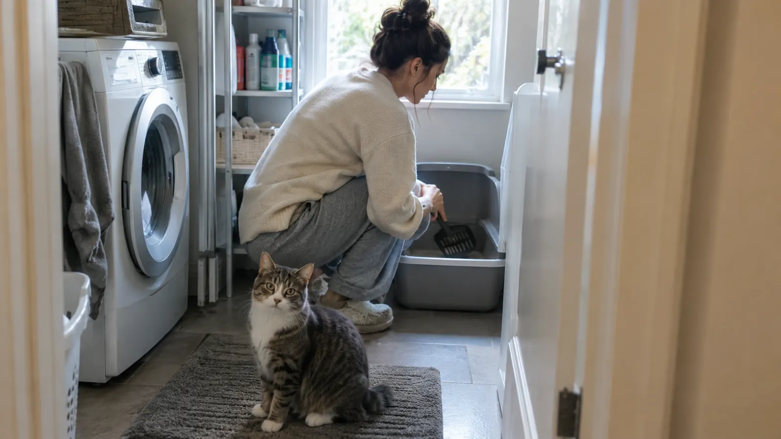 A person scoops a litter box in a laundry room while a cat sits on a mat nearby.