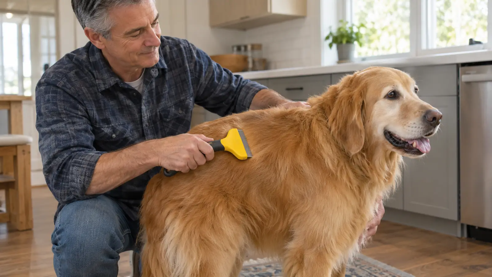 A person's hand running a deshedding tool over a large dog's back on a kitchen floor