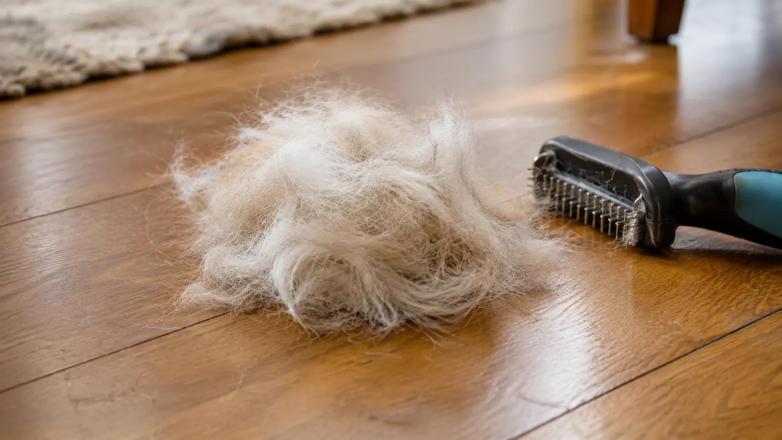 A small pile of loose fur on a hardwood floor next to a grooming tool