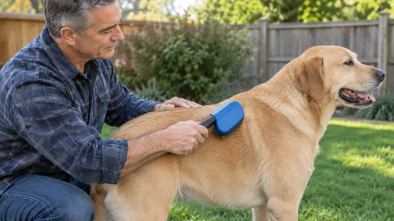 A hand running a deshedding tool along the back of a large dog outdoors