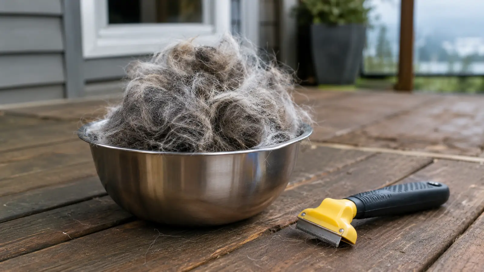 A stainless steel bowl with a mound of loose dog hair next to a deshedding tool on a porch