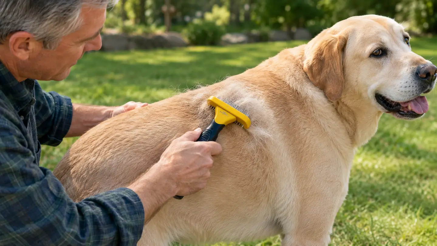 A hand using the FURminator deshedding tool on the back of a large short-coated dog standing calmly on grass.