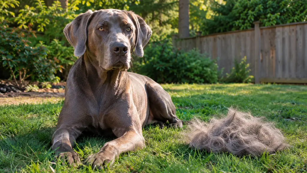A large short-coated dog lying on grass beside a small pile of brushed-out undercoat fur in a fenced yard, late afternoon light.