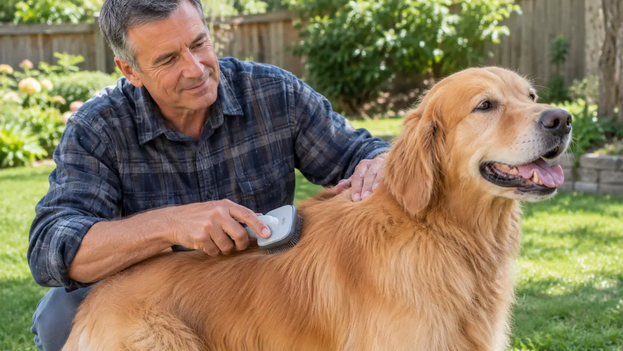 A hand drawing a deshedding tool through the coat of a large dog outdoors