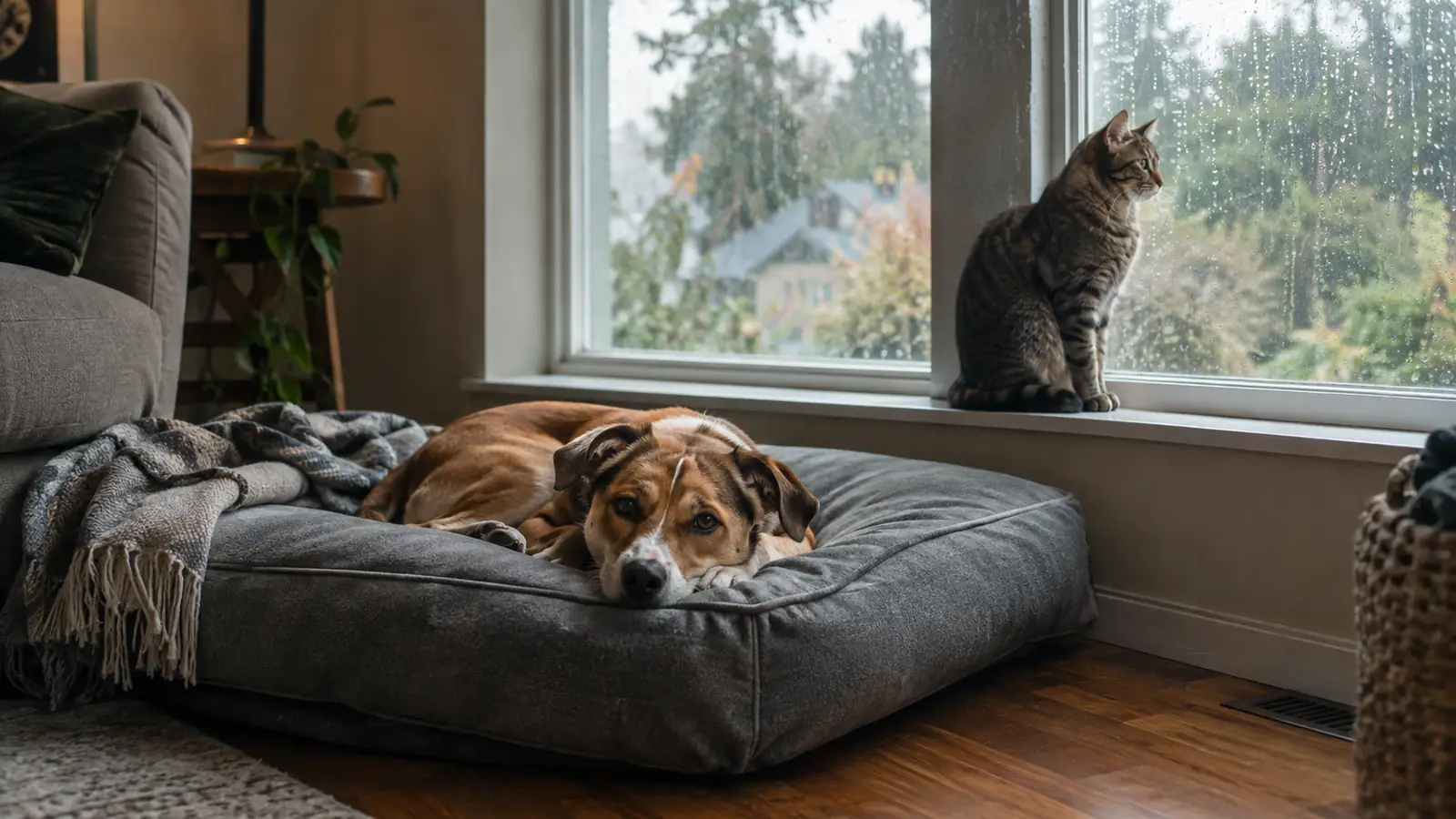A medium-sized short-coated dog resting on a gray orthopedic dog bed in a bright living room while a shorthair cat watches from a nearby windowsill