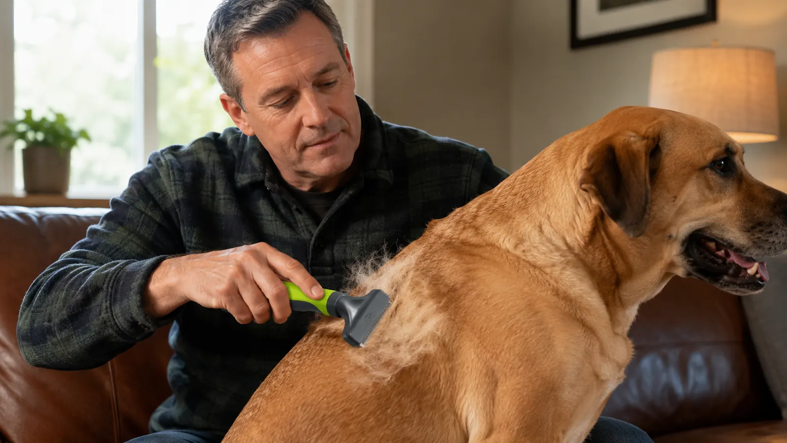 A person running the FURminator deshedding tool over the back of a large dog sitting on a couch, loose hair lifting away