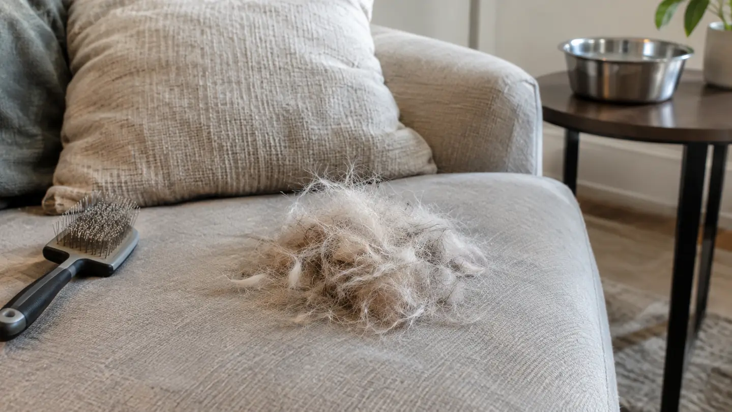 A couch cushion after a five minute deshedding session, with a visible pile of loose hair brushed off the dog