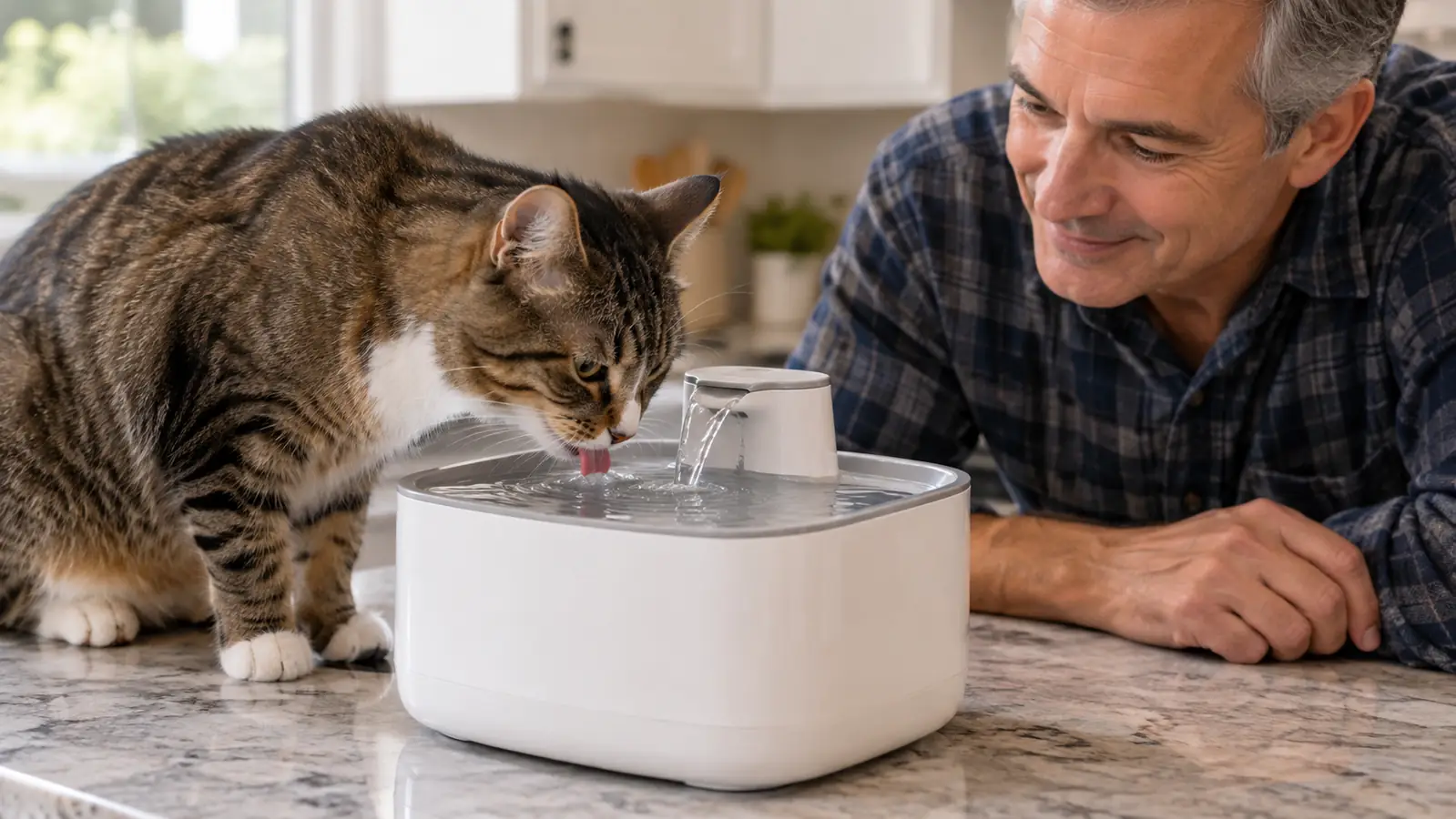 Close view of a cat drinking from the fountain bowl while the water ripples.