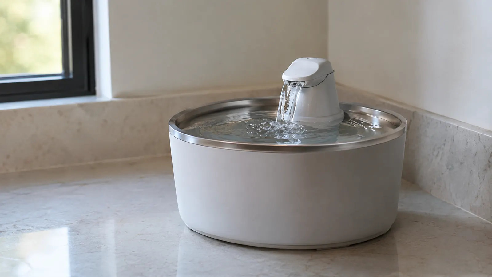A cat water fountain filled with fresh water sitting in a quiet corner of a kitchen.