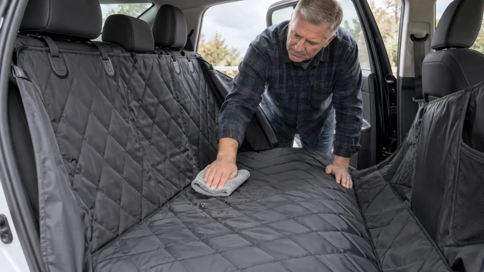 A hand wiping down a waterproof hammock-style car seat cover installed across a back seat with a damp cloth