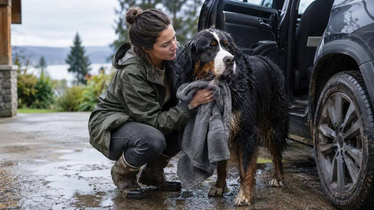 A person crouching to towel off a large wet dog beside an open car door on a driveway