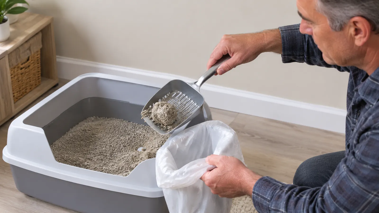A hand scooping clumped litter from a litter box into a small trash bag