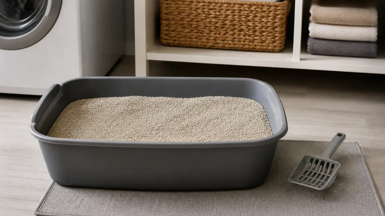 A litter box with a deep layer of fresh clumping litter and a scoop beside it