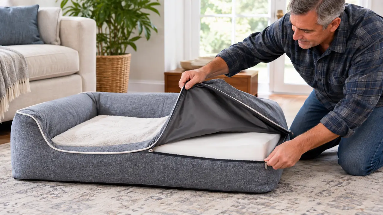 A hand unzipping the cover of a large orthopedic dog bed to show the washable cover