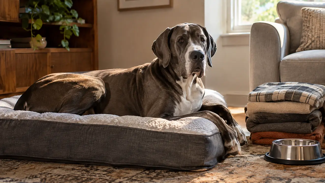 A large dog resting on a washable orthopedic bed beside a neat stack of folded blankets