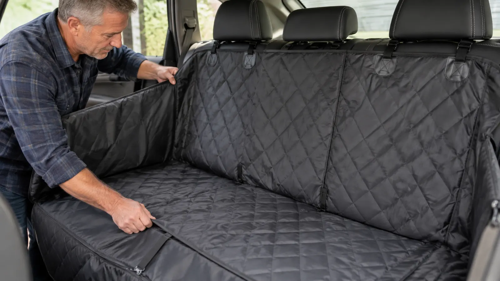 A person's hand smoothing a waterproof seat cover across a car's back seat