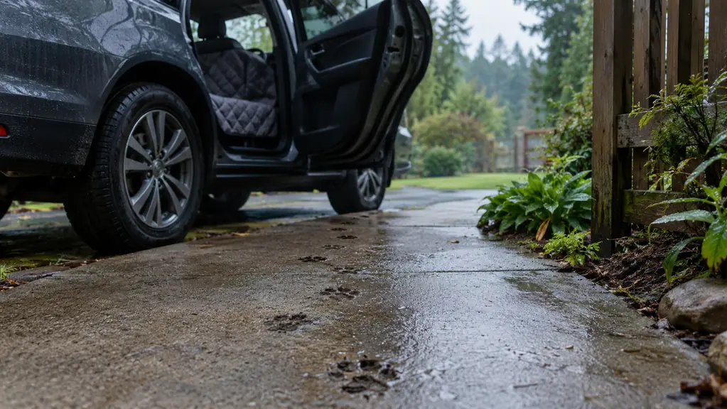 A dog's paw prints on a wet back yard path leading toward an open car door