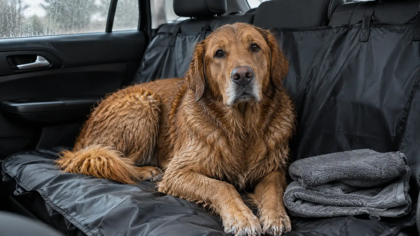 A dog resting on a waterproof seat cover in a car after a rainy walk, with a folded towel nearby