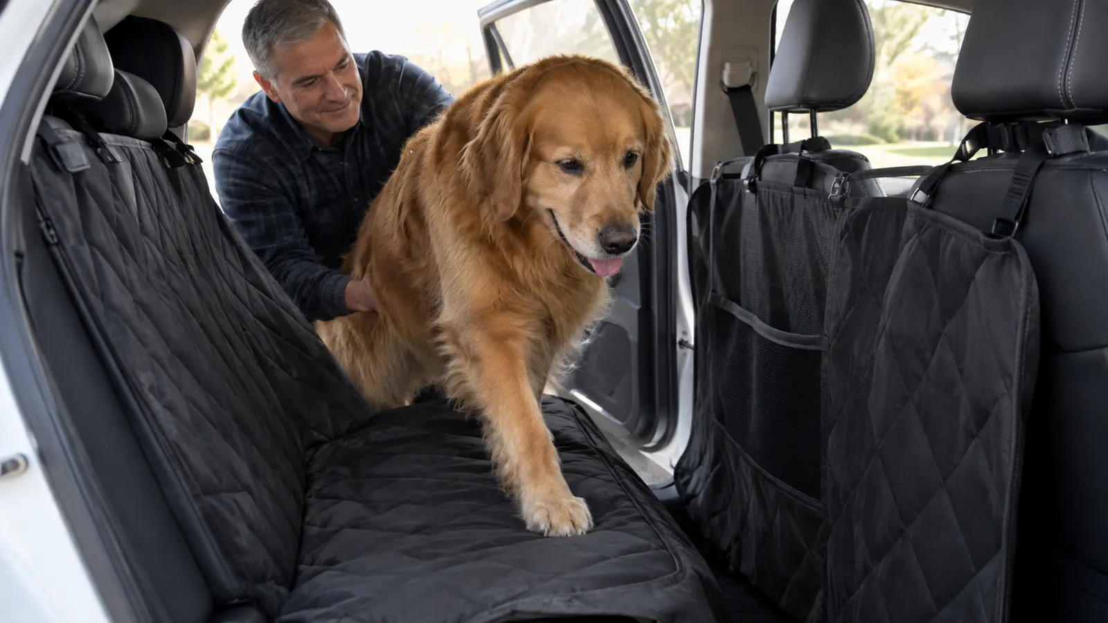 A large dog climbing onto a hammock style seat cover installed across a car back seat