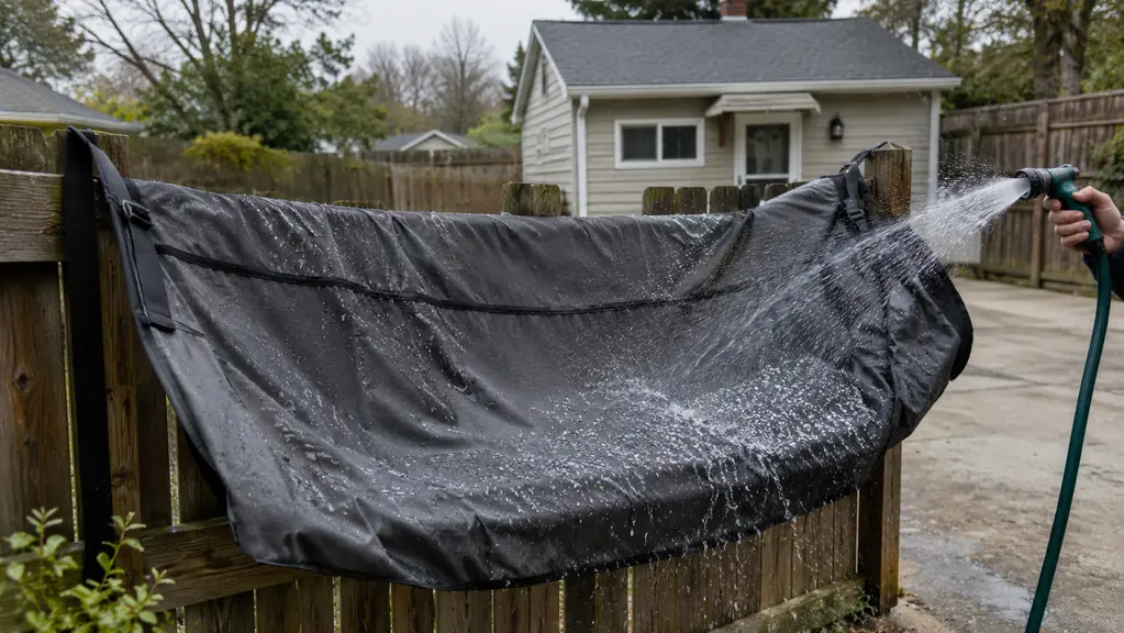 A hammock style seat cover draped over a low wooden fence in a driveway, being rinsed with a garden hose, water beading on the fabric