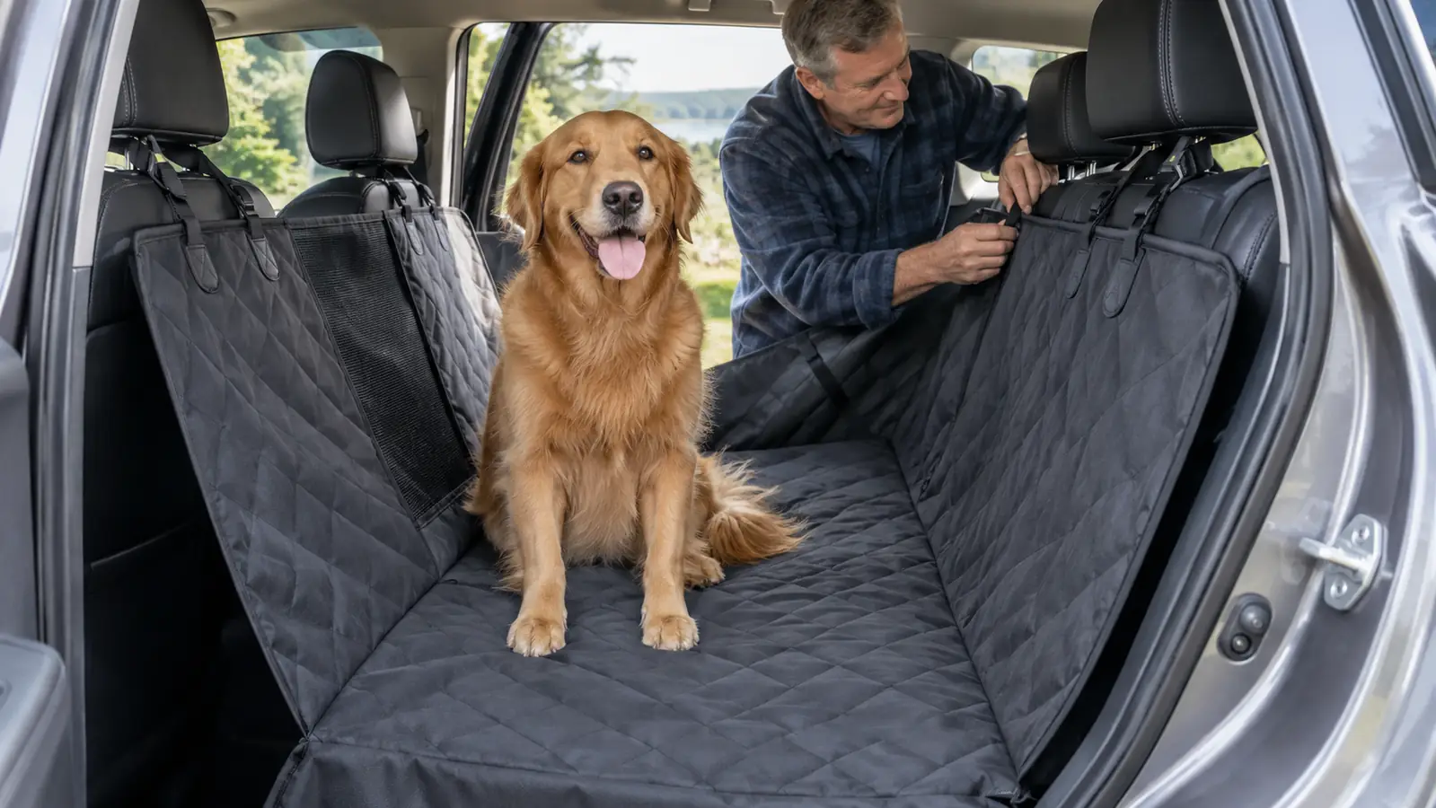 A dog sitting on a hammock-style car seat cover installed across the back seat, side flaps visible against the seat and door